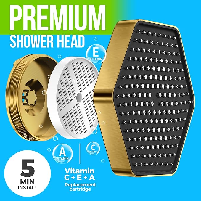 AquaHomeGroup Luxury Filtered Shower Head Set - 20 Stage Filter Reduces Chlorine, Heavy Metals and Sediment - Vitamin C E and A - Brushed Gold