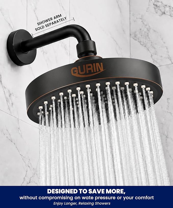 GURIN Shower Head - Powerful High Pressure Rain Shower Head 6 Inch - Luxury Rainfall Showerhead with Adjustable Angles, 90 Anti-Clog Nozzles, Tool-Free 1-Min Install, Premium Oil Rubbed Bronze Finish