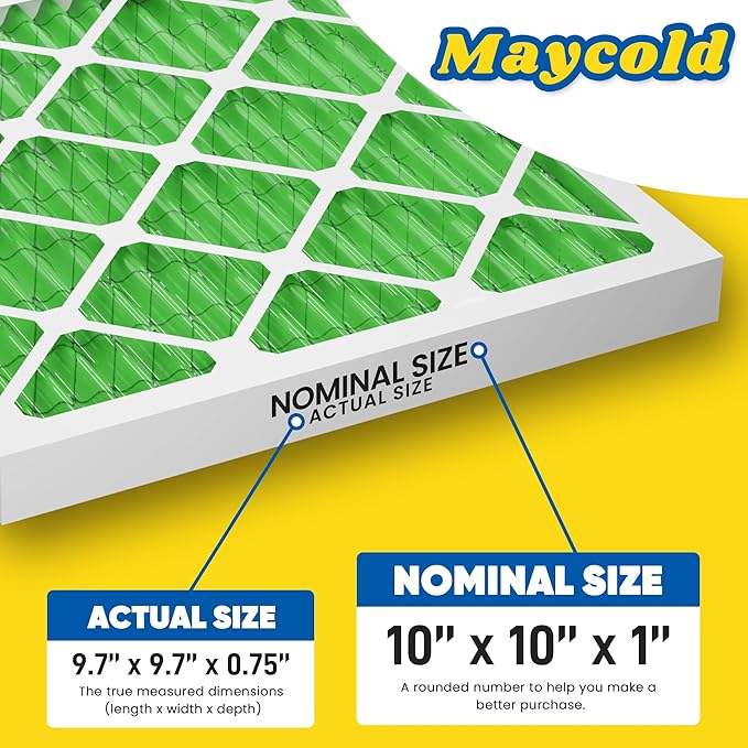 Maycold MERV 13 10x10x1 Air Filter (4-Pack), High-Efficiency Pleated AC & Furnace Filters, Actual Size: 9.70” x 9.70” x 0.75”, Individually Wrapped in Plastic