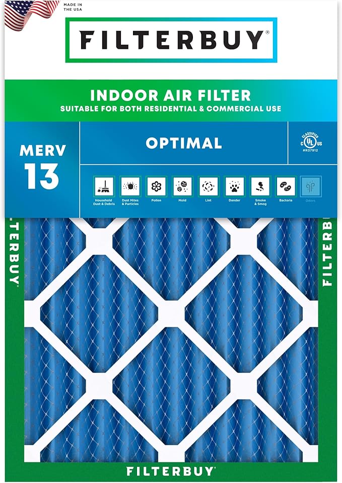 Filterbuy 20x22x2 Air Filter MERV 13 Optimal Smoke & Allergy Defense (1-Pack), Electrostatic Pleated HVAC AC Furnace Filters Replacement, Made in USA (Actual Size: 19.50 x 21.50 x 1.75)
