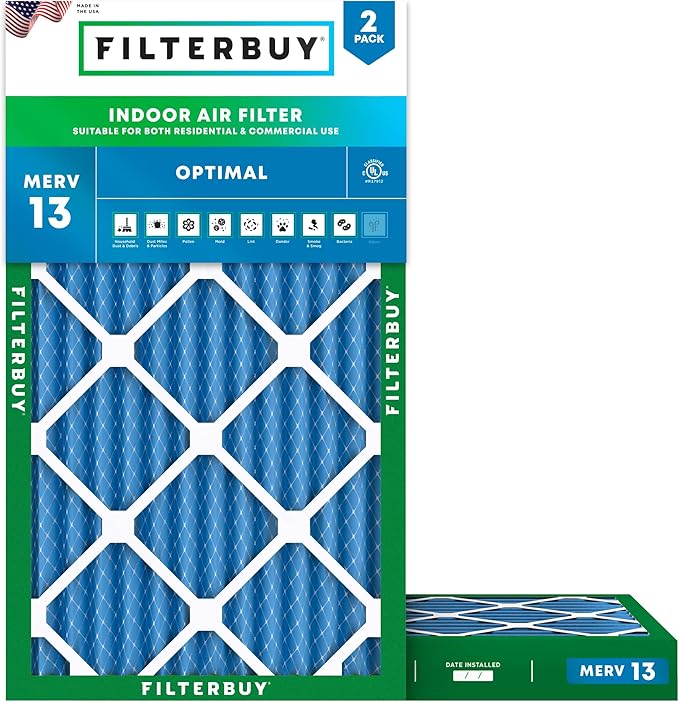 Filterbuy 18x30x2 Air Filter MERV 13 Optimal Smoke & Allergy Defense (2-Pack), Electrostatic Pleated HVAC AC Furnace Filters Replacement, Made in USA (Actual Size: 17.50 x 29.50 x 1.75)
