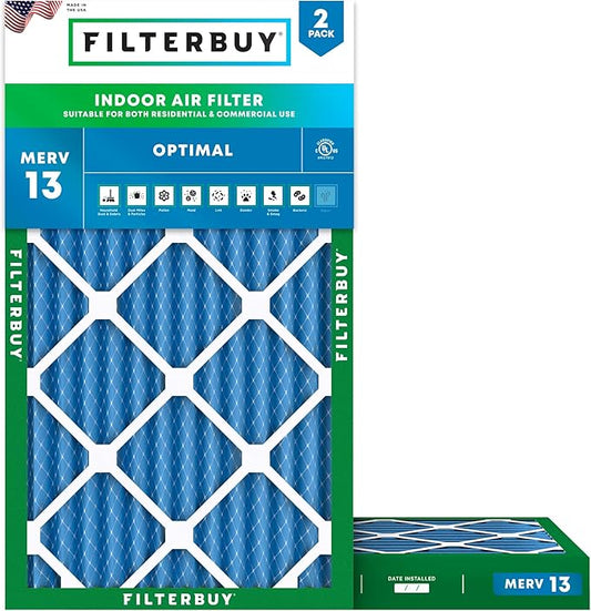 Filterbuy 16x24x2 Air Filter MERV 13 Optimal Smoke & Allergy Defense (2-Pack), Electrostatic Pleated HVAC AC Furnace Filters Replacement, Made in USA (Actual Size: 15.38 x 23.38 x 1.75)