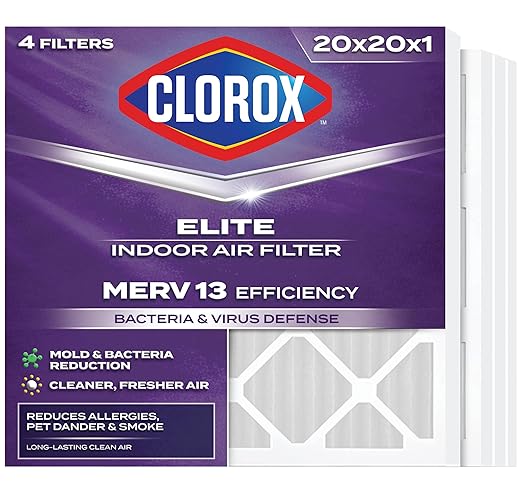 Clorox 20x20x1 Air Filter, MERV 13 Pleated HVAC AC Furnace Air Filters for Allergies, Pet Dander, Smoke and more, MPR 1500 & FPR 10 – Pack of 4