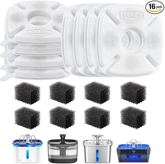 Veken Cat Water Fountain Filter, Classic 8 Pack Replacement Filters & 8 Pack Replacement Pre-Filter Sponges for 50oz, 84oz, 95oz or 108oz Automatic Pet Fountain Dog Water Dispenser