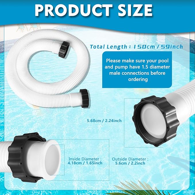 2 Pcs Pool Hoses for Above Ground Pools 1 1/2 Inch Diameter 59" Long Pool Pump Hose Replacement Filter Pump Hose Accessories