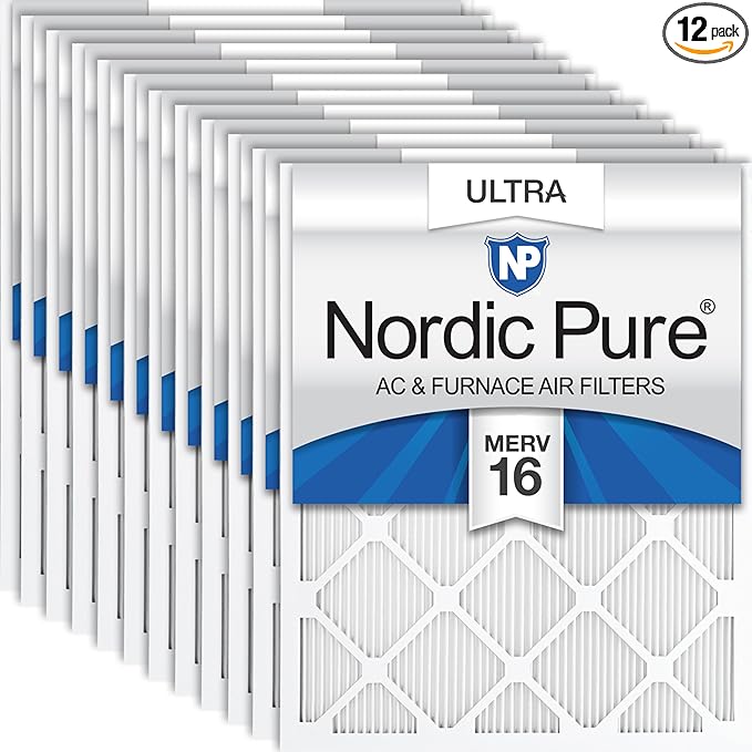 Nordic Pure 16x20x1 (Actual Size: 15 1/2 x 19 1/2 x 3/4) Pleated Ultra MERV 16 AC Furnace Air Filters–With 2.5X More Media for Allergy & Dust Relief, Max Efficiency & Low Airflow Resistance 12 Pack