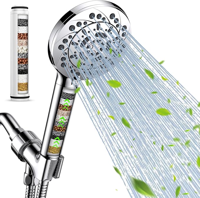 Vatex Filtered Shower Head with Handheld, High Pressure 5 Spray Modes Showerhead with Hose, Bracket and 15 Stages Water Softener Filters Beads for Hard Water Remove Chlorine and Harmful Substance