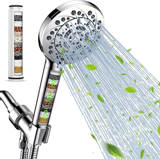 Vatex Filtered Shower Head with Handheld, High Pressure 5 Spray Modes Showerhead with Hose, Bracket and 15 Stages Water Softener Filters Beads for Hard Water Remove Chlorine and Harmful Substance