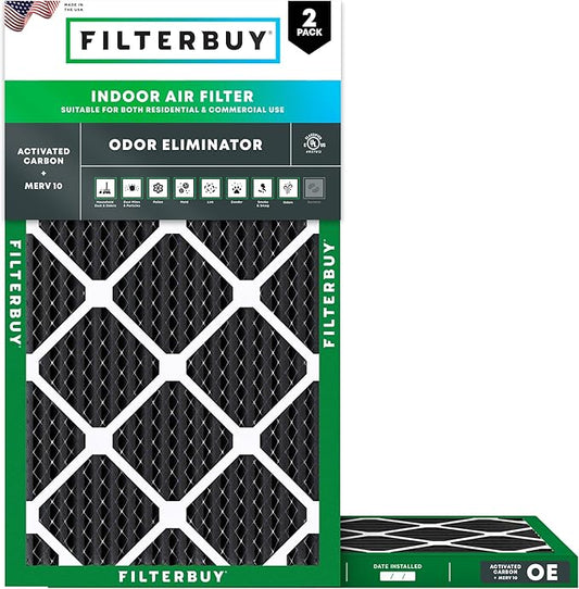 Filterbuy 18x30x1 Air Filter MERV 10 Odor & Allergy Defense with Activated Carbon (2-Pack), Electrostatic Pleated HVAC AC Furnace Filters Replacement, Made in USA (Actual Size: 17.75 x 29.75 x 0.75)