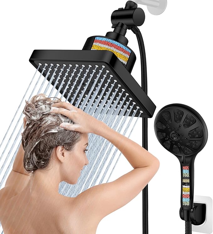 Dual Filtered Rain Shower Head Combo, High Pressure 10 Modes Handheld Shower Head Built in Water Filtration, 6 inch Rainfall Shower Head with Filter for Hard Water, Black