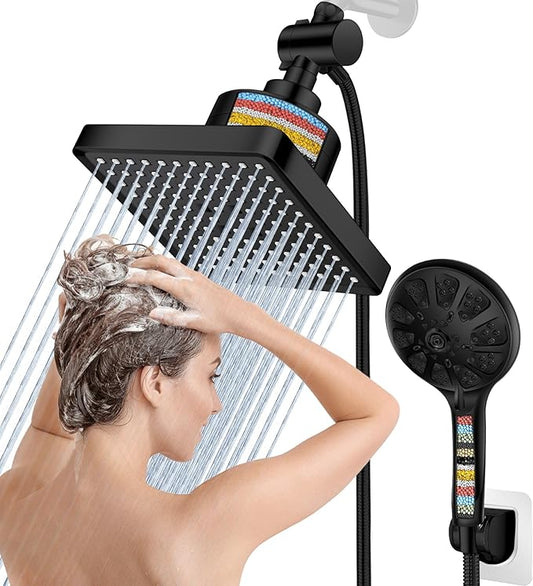 Dual Filtered Rain Shower Head Combo, High Pressure 10 Modes Handheld Shower Head Built in Water Filtration, 6 inch Rainfall Shower Head with Filter for Hard Water, Black