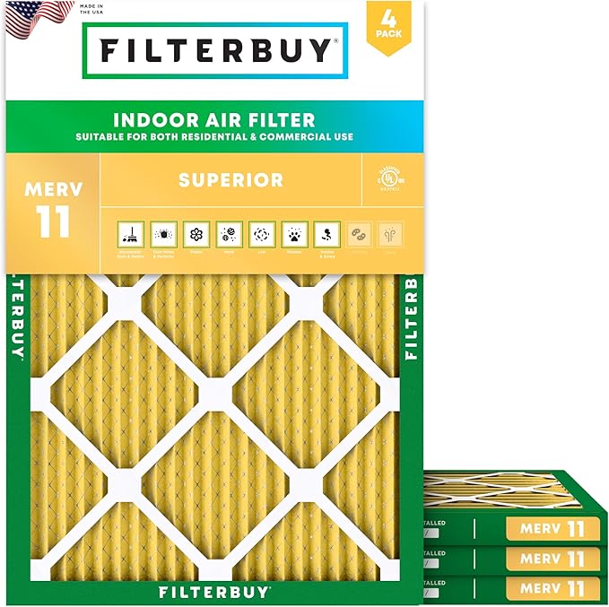 Filterbuy 25x32x1 Air Filter MERV 11 Superior Pet & Allergy Defense (4-Pack), Electrostatic Pleated HVAC AC Furnace Filters Replacement, Made in USA (Actual Size: 24.50 x 31.50 x 0.75)