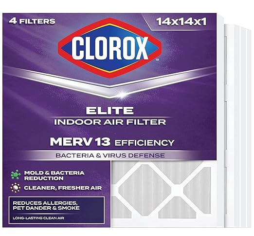 Clorox 14x14x1 Air Filter, MERV 13 Pleated HVAC AC Furnace Air Filters for Allergies, Pet Dander, Smoke and more, MPR 1500 & FPR 10 – Pack of 4