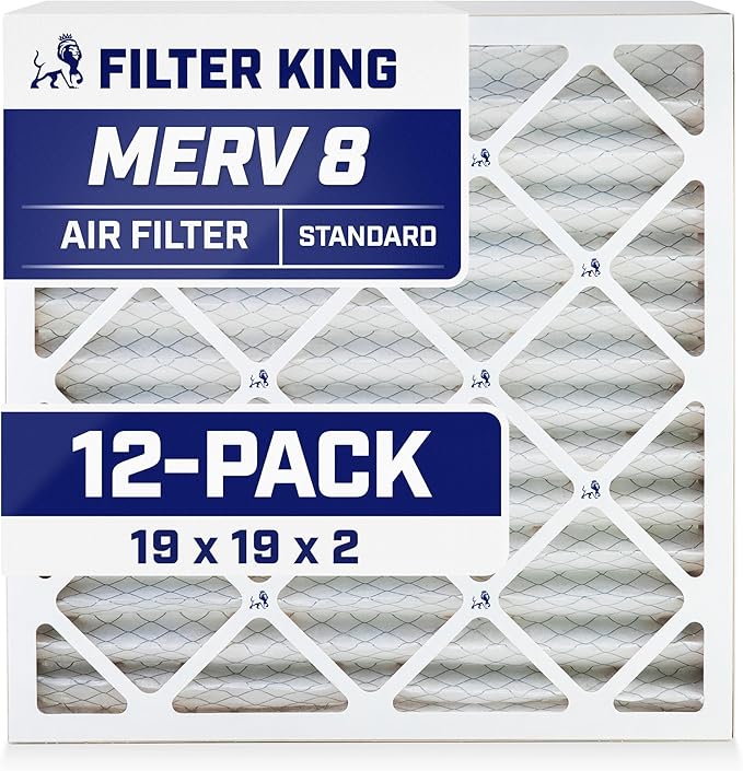 Filter King 19x19x2 Air Filter (MERV 8) (12-Pack) Dust & Allergy Control AC Furnace Filters, MADE IN USA, HVAC, Pleated, Electrostatic (Actual Size: 19 x 19 x 1.75)