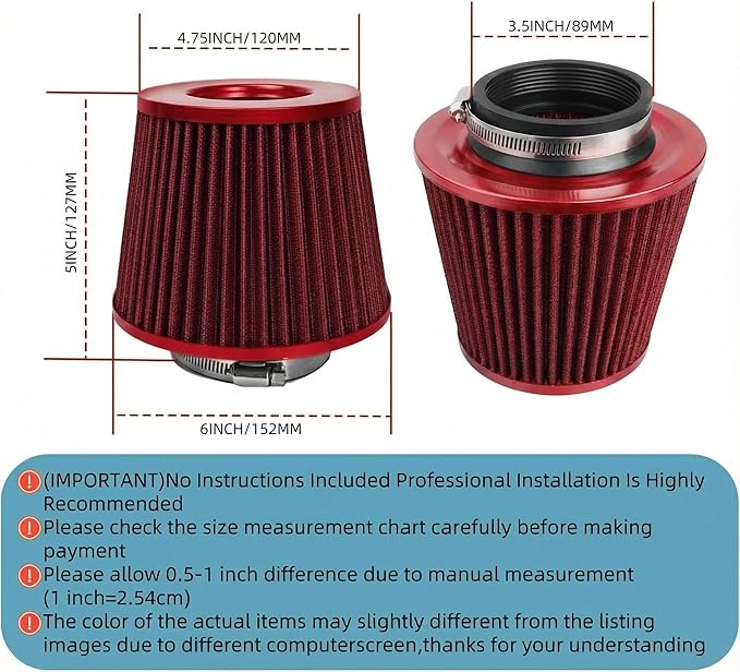 Universal Clamp-On Air Intake Filter, High Performance, Washable Filter, Replacement Air Filter, Flange Diameter 3.5inch/89mm (Red)