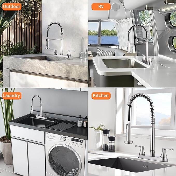 HOMELODY 2 Handles Kitchen Faucet with Pull Down Sprayer for 3 Hole Sink, 360° Rotating Spout Commercial 2 Handle Stainless Steel Kitchen Faucets with Deck Plate Brush Nickel