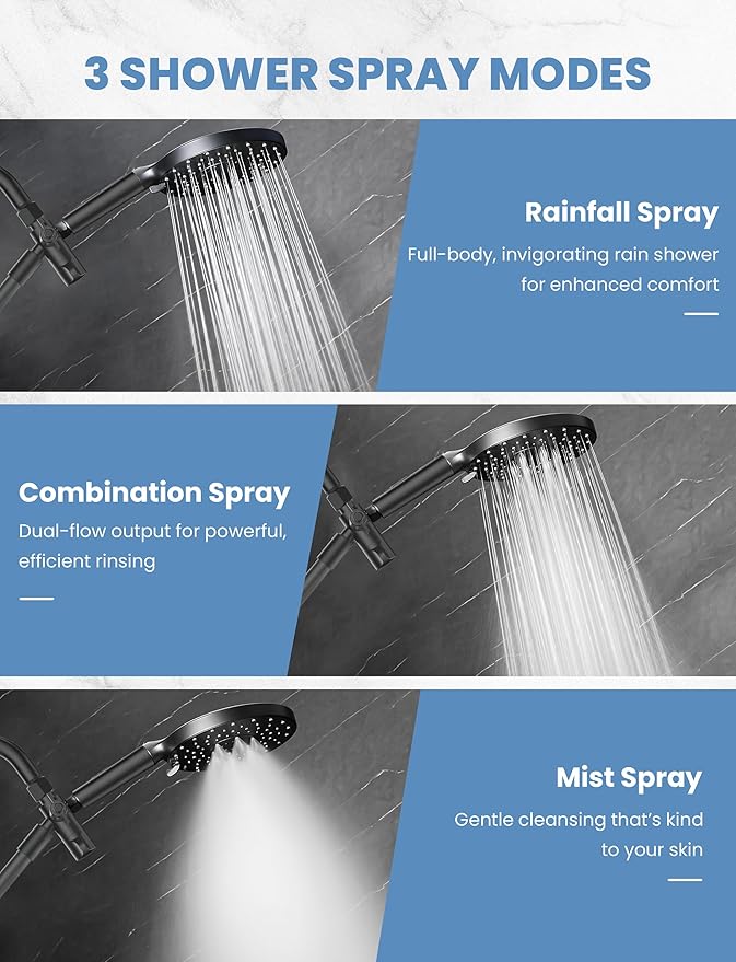 Magichome Rain/Rainfall Shower Head Filtered Handheld Combo with Large Arm, High Pressure 10 Spray Modes, Stainless Steel Hose, Water Softener Beads for Hard Water & Chlorine Removal, Matte Black