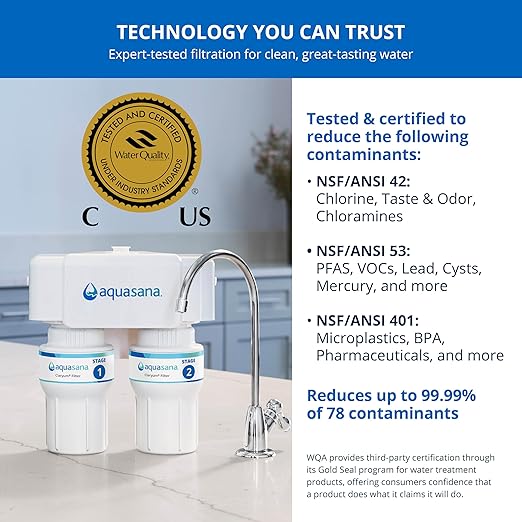 Aquasana Under Sink Water Filter | 2-Stage Filtration | Reduces up to 99.99% of PFAS, Lead, Chlorine, Cysts, & More | Under Counter Drinking Water Filter | Oil-Rubbed Bronze Faucet | AQ-6200-ORB