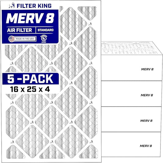 Filter King 16x25x4 Air Filter (MERV 8) (5-Pack) Dust & Allergy Control AC Furnace Filters, MADE IN USA, HVAC, Pleated, Electrostatic (Actual Size: 15.5 x 24.5 x 3.75)