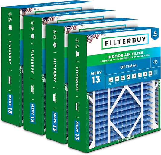 Filterbuy 21x24.5x5 Air Filter MERV 13 Optimal Smoke & Allergy Defense (4-Pack), Electrostatic Pleated HVAC AC Furnace Filters for Rheem, Ruud, and Protech (Actual Size: 20.63 x 24.13 x 4.38)