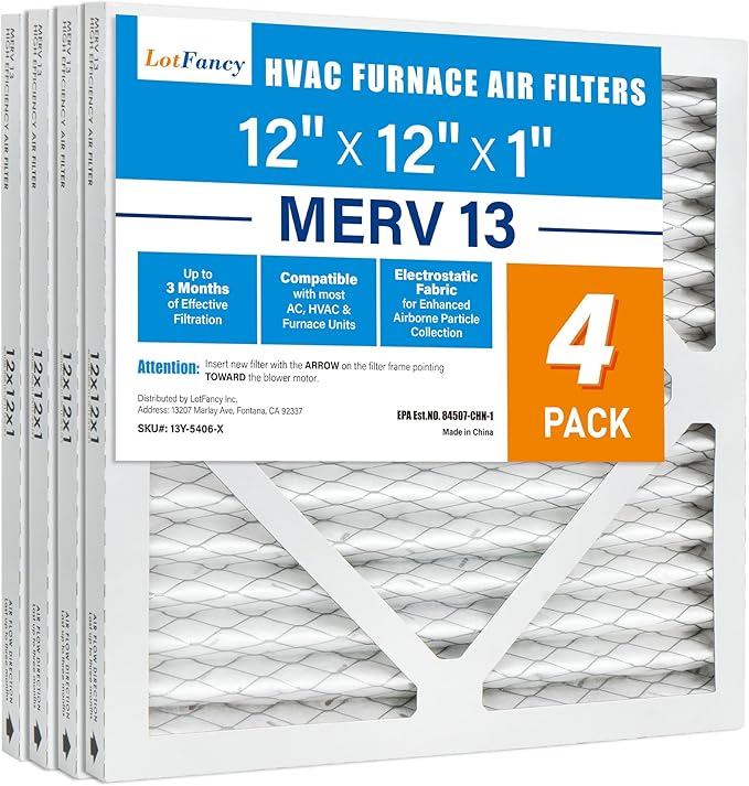 LotFancy 12x12x1 Air Filter MERV 13 4-Pack, Electrostatic Pleated HVAC Furnace Air Filter, Captures Pet Dander Smog Smoke, Actual Size: 11.75"x11.75"x0.75"
