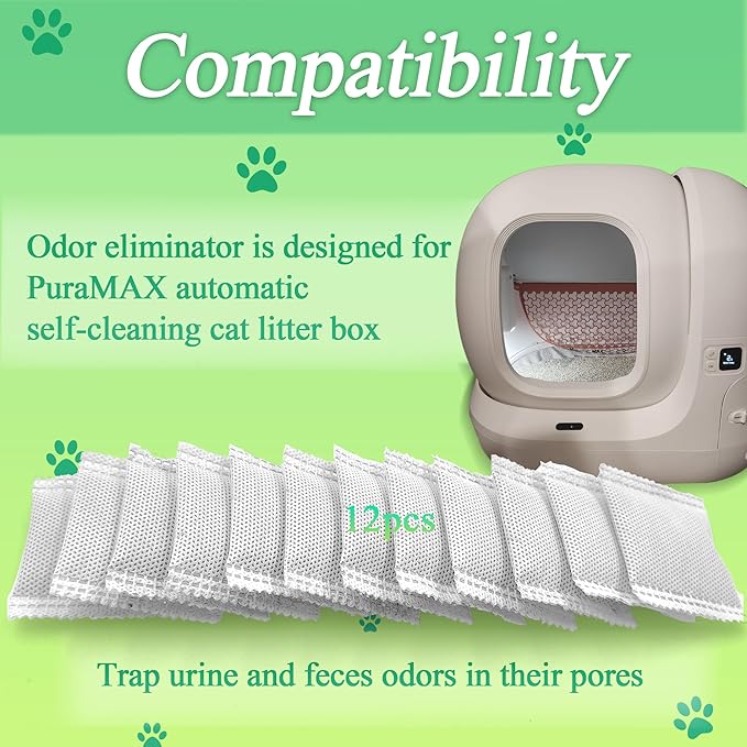 PurifyLogix 12 Pack Odor Eliminator for PuraMax Self-Cleaning Cat Litter Box, Natural Activated Charcoal Filters Refills, Cat Toilet Odor Control Replacement for Automatic Litter Box