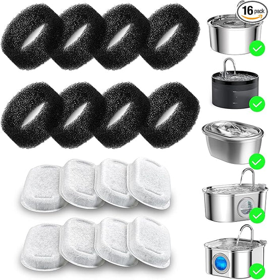 Wonder Creature 16 Pack Cat Water Fountain Filter Replacement, 4+4/8+8/12+12/16+16 Pack for Stainless Steel Cat Fountain 2L/67oz and 3.2L/108oz, 8 Carbon Filters & 8 Pre-Filter Sponges