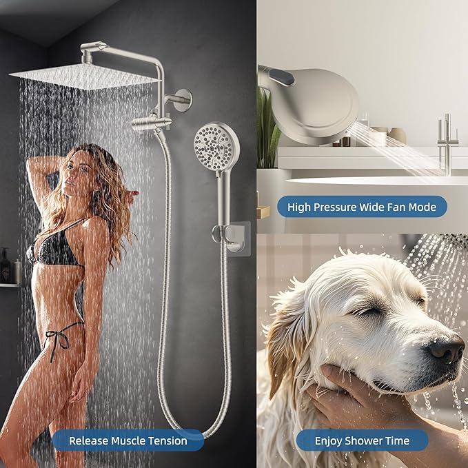12" All Metal Shower Head, High Pressure 10-Spray Handheld Showerhead Rainfall Shower Head Combo with 11" Adjustable Shower Extension Arm, 71" Hose, Shower Head Holder, Brushed Nickel