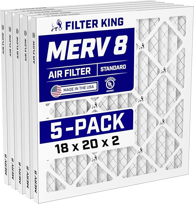 Filter King 18x20x2 Air Filter (MERV 8) (5-Pack) Dust & Allergy Control AC Furnace Filters, MADE IN USA, HVAC, Pleated, Electrostatic (Actual Size: 17.5 x 19.5 x 1.75)