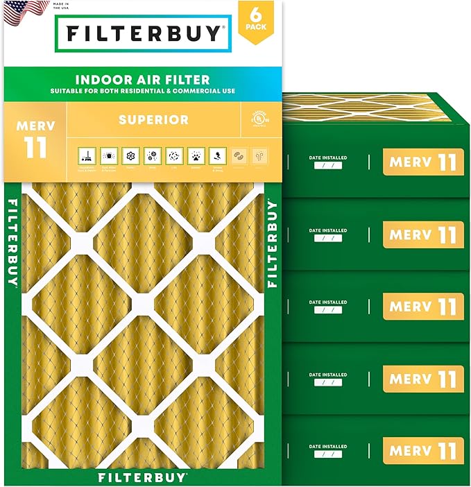 Filterbuy 12x20x4 Air Filter MERV 11 Superior Pet & Allergy Defense (6-Pack), Electrostatic Pleated HVAC AC Furnace Filters Replacement, Made in USA (Actual Size: 11.50 x 19.50 x 3.63)