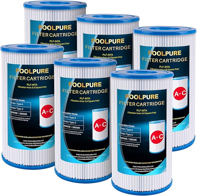 POOLPURE Type A or C/III Pool Filter Replaces Intex 29000E/59900E/#29003E, 1000/1500/530 GPH Filter Pump, C-4607, Funcicle, Easy Set, Summer Waves Above Ground Pools, Reusable Easy to Clean, 6 Pack
