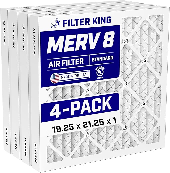 Filter King 19.25x21.25x1 Air Filter (MERV 8) (4-Pack) Dust & Allergy Control AC Furnace Filters, MADE IN USA, HVAC, Pleated, Electrostatic (Actual Size: 19.25 x 21.25 x .75)