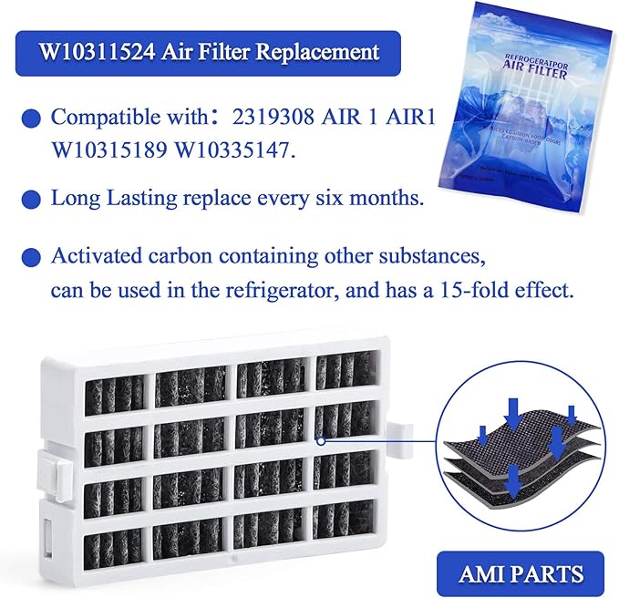 AMI PARTS W10311524 AIR1 Fresh Flow Air Filter & W10346771A Produce Preserver Replacement Compatible with Refrigerator (6 Packs)
