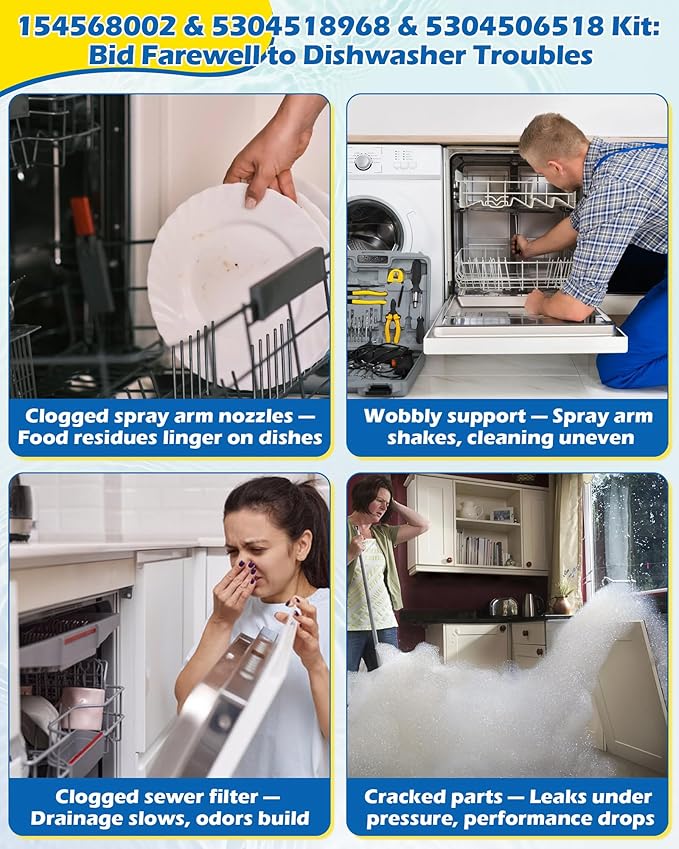 154568002 Dishwasher Lower Spray Arm -Complete with 5304518968 Support & 5304506518 Filter-Compatible with Frigidaire Electrolux Dishwasher Bottom Lower Spray Arm 5304517203 154250901 154414101