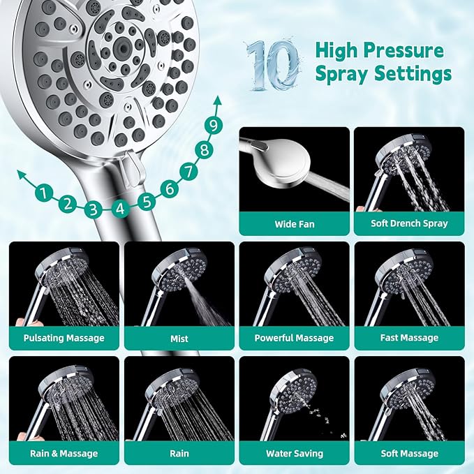 Hibbent High Pressure 10-mode Shower Head, Filtered Handheld Showerhead with Adjustable Brass Joint Holder, 71" Metal Hose, Improve Skin & Hair, Built-in Power Wash to Clean Tub & Pets, Chrome