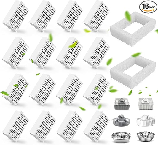 16 Pack Ceramic Cat Fountain Filter Replacement, Triple Cupcake Cat Fountain Filters, 16 Pet Fountain Carbon Filters and 4 Foam Filters for Ceramic/Cupcake Cat Water Fountain （16 Filters）