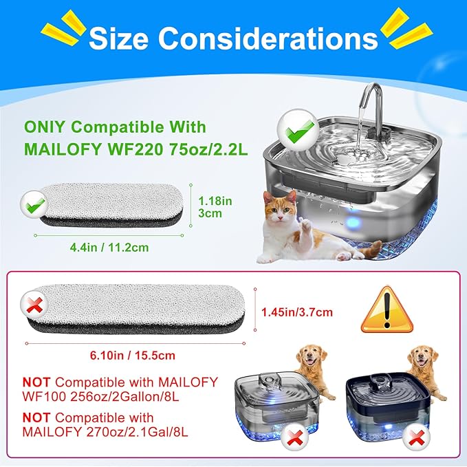 8 Pack 75oz/2.2L Dog Water Fountain Filters Compatible with MAILOFY WF220 75oz/2.2L Stainless Steel Fountain, Dog Fountain Carbon Filter Replacement Fit for Automatic Pet Water Dispenser