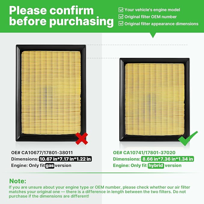 Engine+Cabin Air Filters (All Only Fit Hybrid, Not Gas!) Fit for 2016-2018 Toyota RAV4 Hybrid 2.5L, 2010-2015 Prius Hybrid 1.8L Engine Air Filter Replacement# 17801-37020 CF10285