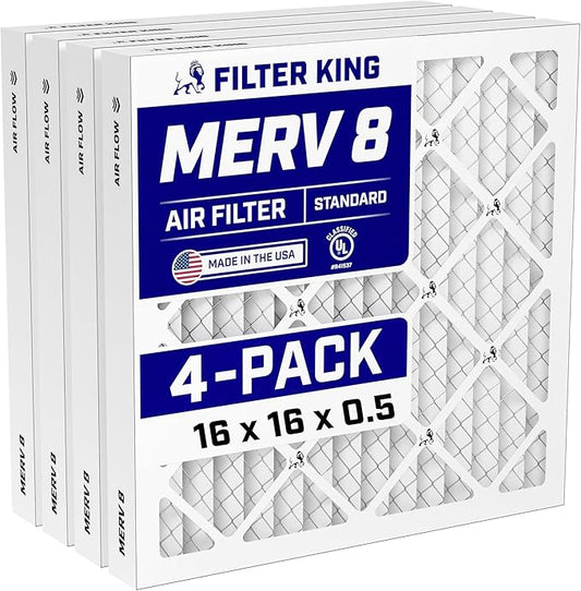 Filter King 16x16x0.5 Air Filter (MERV 8) (4-Pack) Dust & Allergy Control AC Furnace Filters, MADE IN USA, HVAC, Pleated, Electrostatic (Actual Size: 15.5 x 15.5 x 0.5)