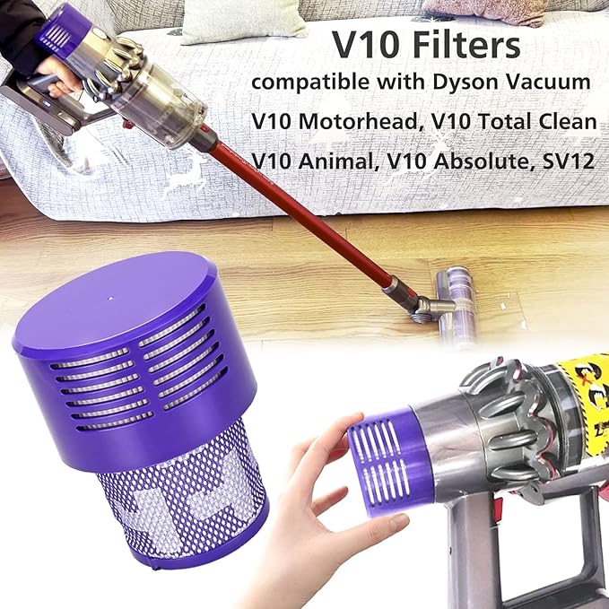 V10 Replacement Filters - 4 Pack for Dyson V10 Cyclone Series, Absolute, Animal, Total Clean, SV12 - Includes 1 Clean Brush
