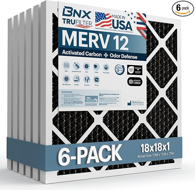 BNX TruFilter 18x18x1 MERV 12 Odor Defense (6-Pack) AC Furnace Air Filter with Activated Carbon - MADE IN USA - Pleated Air Conditioner HVAC AC Furnace Filters - Removes Odor, Mold, Bacteria, Smoke