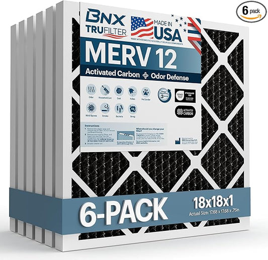 BNX TruFilter 18x18x1 MERV 12 Odor Defense (6-Pack) AC Furnace Air Filter with Activated Carbon - MADE IN USA - Pleated Air Conditioner HVAC AC Furnace Filters - Removes Odor, Mold, Bacteria, Smoke