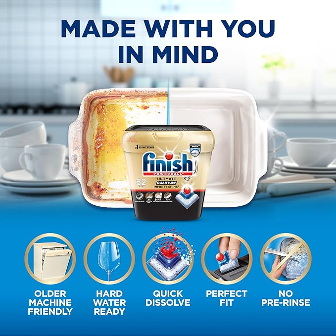 Finish Ultimate Quantum Infinity Shine Dishwasher Pods, New & Improved Formula, Dishwasher Detergent Dish Soap, Removes Burnt-On & Dried-On Stain, Fresh Scent, 62 Count