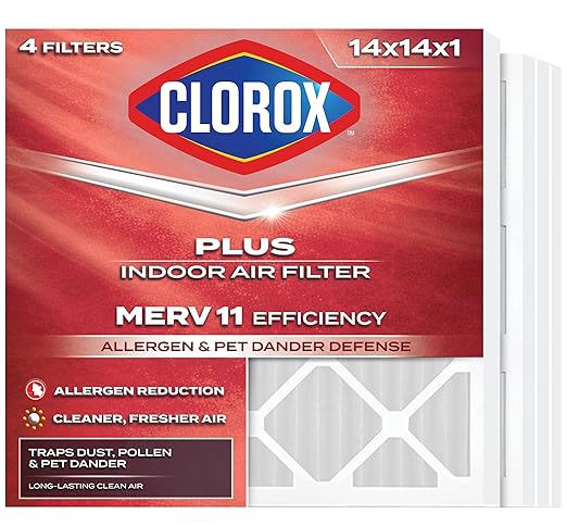 Clorox 14x14x1 Air Filter, MERV 11 Pleated HVAC AC Furnace Air Filters for Dust, Pollen and Pet Dander, MPR 1000 & FPR 7 – Pack of 4