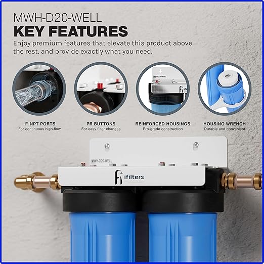iFilters MWH-D20-WELL Dual-Stage 4.5" x 20" Whole House Well Water Filter System – Sediment & GAC/KDF Filtration, Reduces Iron, Sulfur, Chlorine, Odor – 1" High Flow Ports