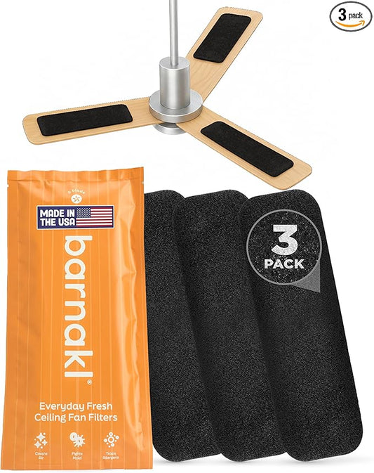 Barnakl Ceiling Fan Air Purifier Pads, Activated Coconut Shell Carbon Filters Trap Dust, Odors & Allergens, Easy-Stick Universal Fit for Ceiling Fan Blades, Odorless & Unscented - 3 Count