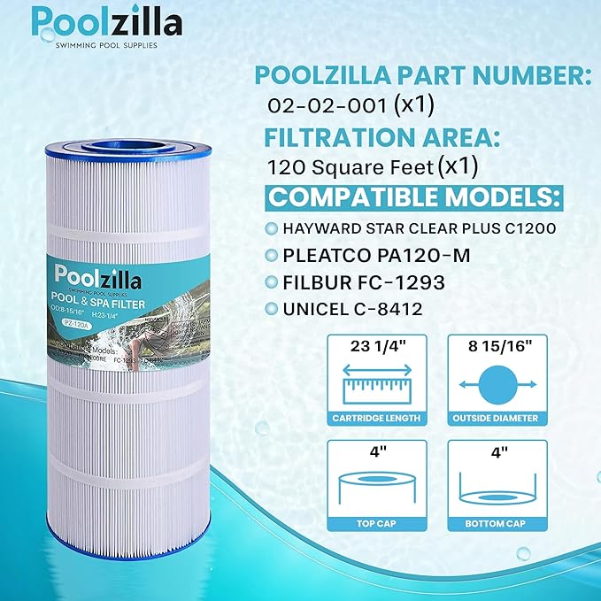 Poolzilla Replacement for Pool Filter PA120, CX1200RE, C1200, Unicel C-8412, Filbur FC-1293, Waterway Clearwater II, Pro Clean 125, 817-0125N, Aladdin 22002, 120 sq.ft Filter Cartridge 1 Pack