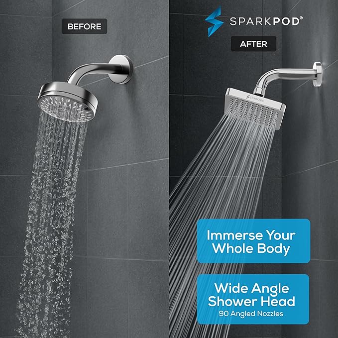 SparkPod Shower Head - High Pressure Rain - Premium Quality Luxury Design - Easy Clean Adjustable Replacement for Your Bathroom Shower Heads (Polished Chrome Finish, 6 Inch Square)