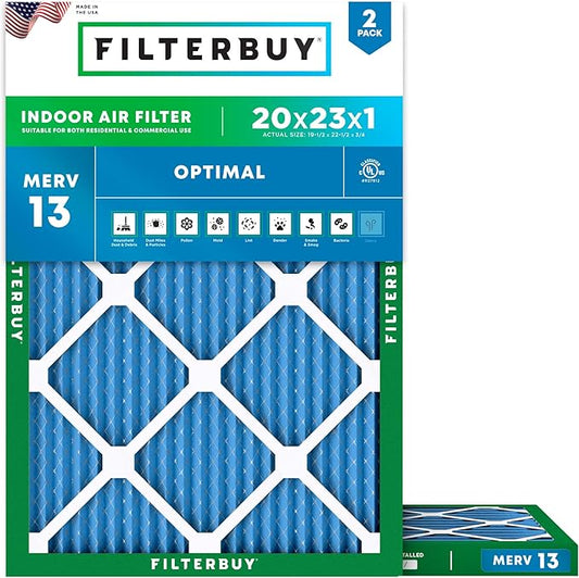 Filterbuy 20x23x1 Air Filter MERV 13 Optimal Smoke & Allergy Defense (2-Pack), Electrostatic Pleated HVAC AC Furnace Filters Replacement, Made in USA (Actual Size: 19.50 x 22.50 x 0.75)