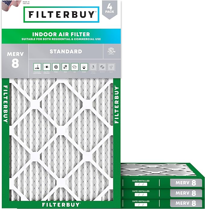 Filterbuy 8x20x1 Air Filter MERV 8 Essential Dust & Allergy Defense (4-Pack), Electrostatic Pleated HVAC AC Furnace Filters Replacement, Made in USA (Actual Size: 8.00 x 20.00 x 0.75)